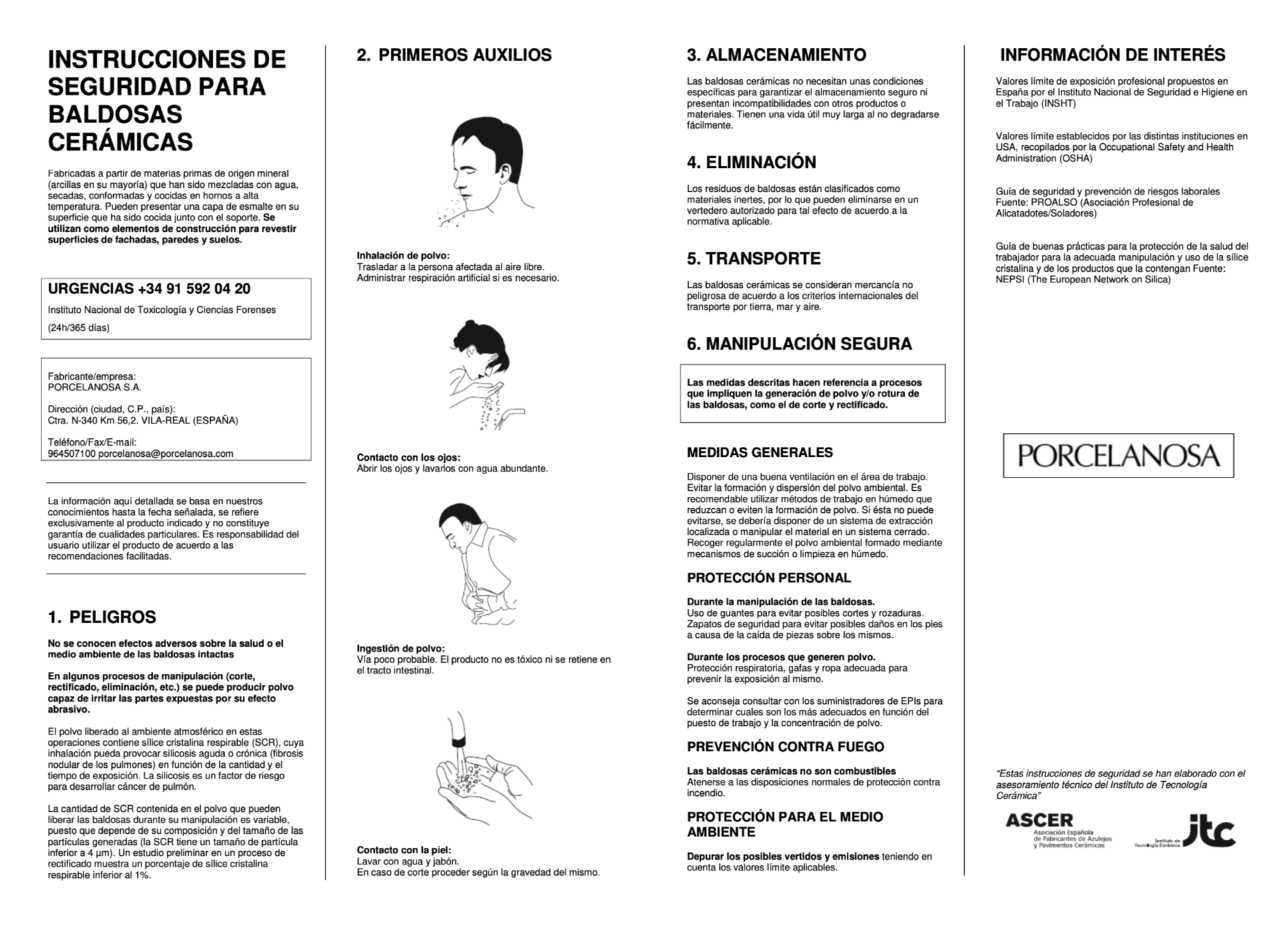 Instrucciones de manipulación y seguridad para baldosas cerámicas