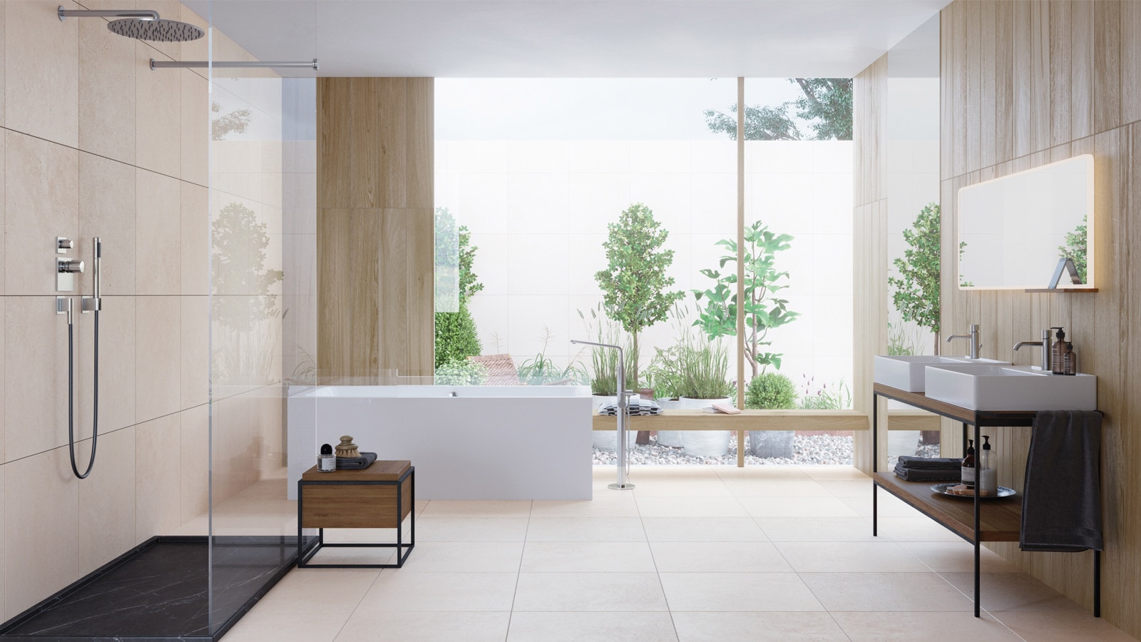 Mosa-River-Caliza-59,6-cm-x-59,6-cm+Par-Ker-Nobu-Arce-29,4-cm-x-180-cm+19,3-cm-x-180-cm-Porcelanosa