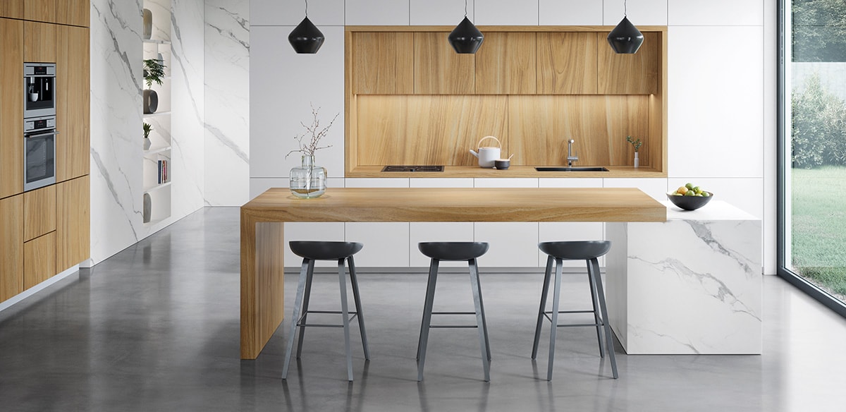 White kitchen with island ideas Aria White 150x300 cm · Ewood Camel 150x300 cm