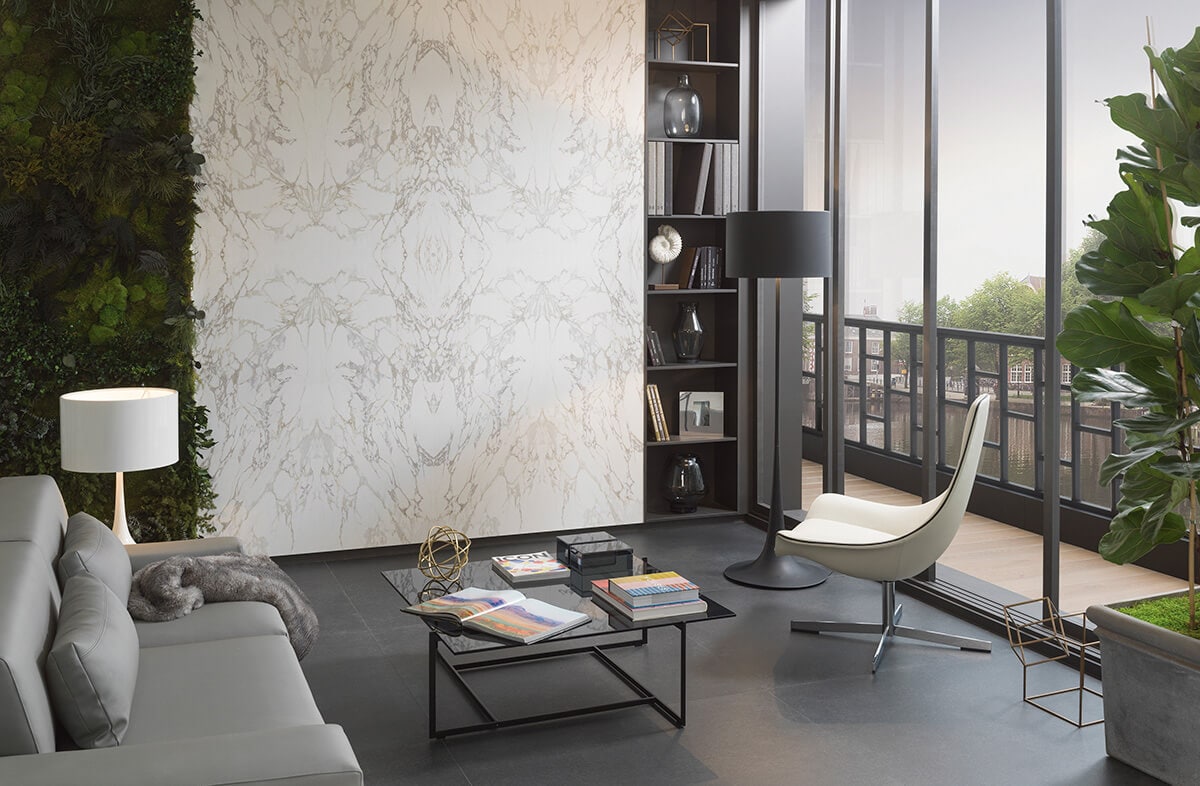 Living Room Feature Wall With Marble Effect Large Format Tiles