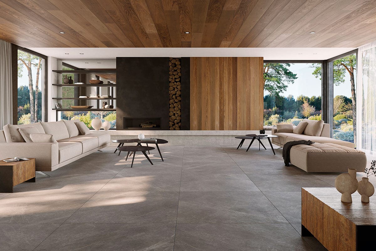 Living room ideas with wood and stone effect tiles