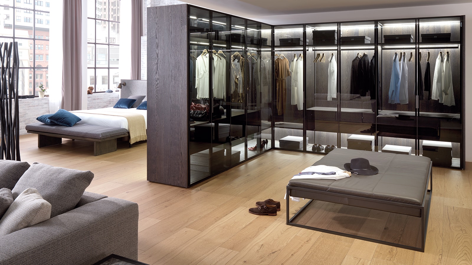 Armoire E7 Roble Noche + Cristal Ultra Grey Gamadecor Porcelanosa