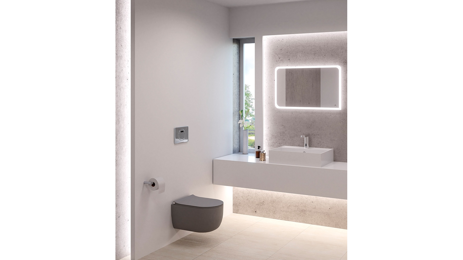 Acro Compact toilet + Pure Line mirror + Hotels electronic sensor tap Noken Porcelanosa