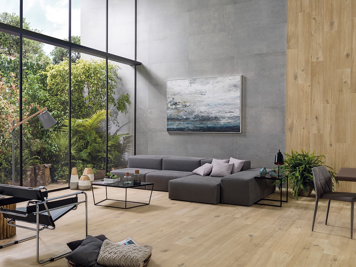 Modern living room with floor-to-ceiling windows