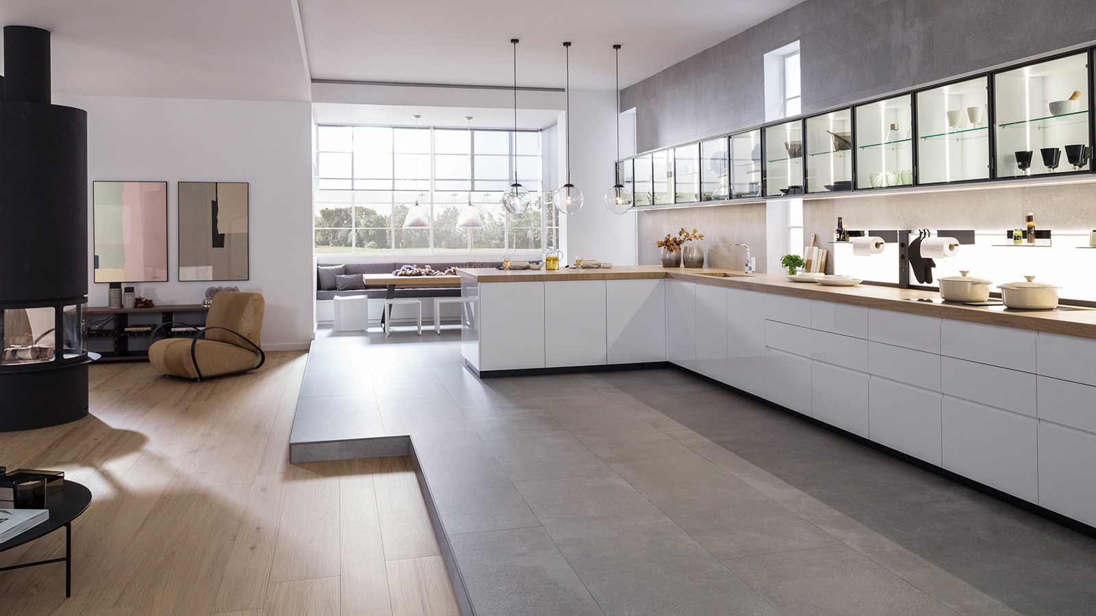 Cement-look flooring Bottega Acero 59.6 cm x 150 cm and wood-look flooring Par-ker Nobu Arce - Kitchen E3.70 white glass white emotions matte