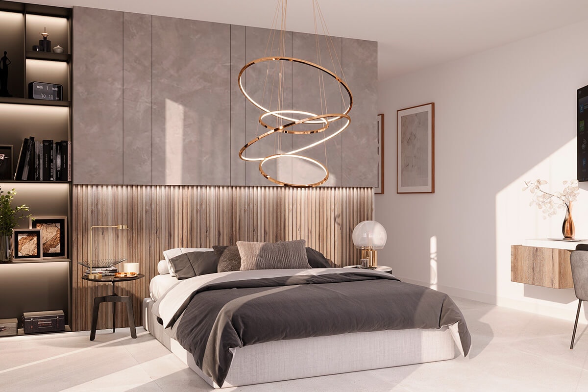 Brown and grey bedroom with ceramic tiles wall