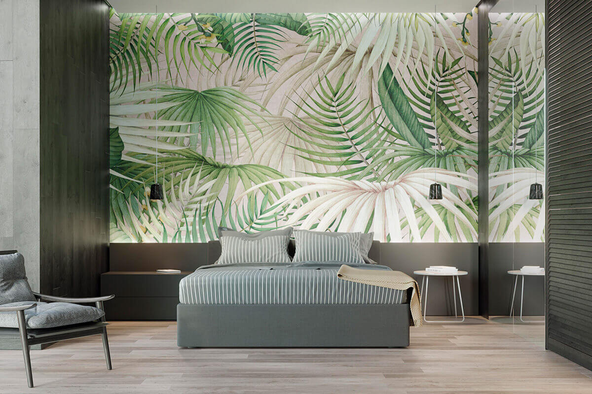 Green toned bedroom with palm pattern wallpaper