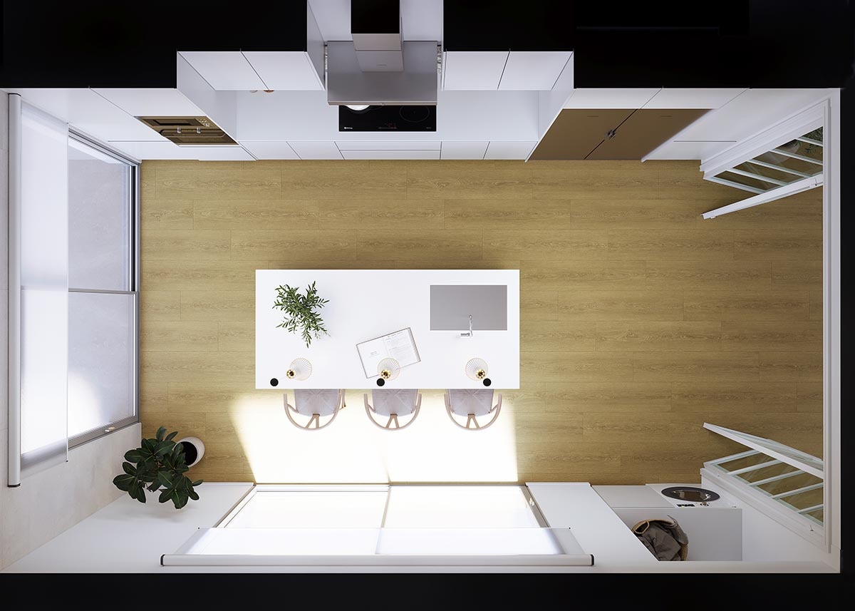 Linear white kitchen plan with wood effect floor tiles