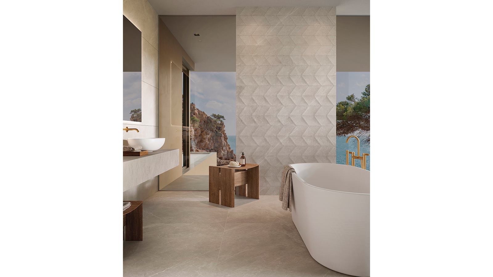 Aseo y ducha higiénica en el baño con azulejos de cerámica en colores  naturales