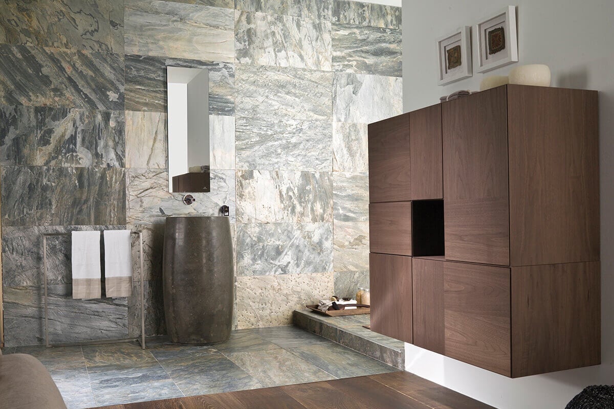 Natural slate wall and floor tiles in a bathroom