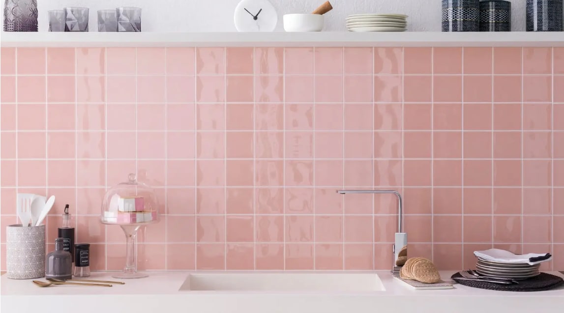 Pink square wall tiles kitchen