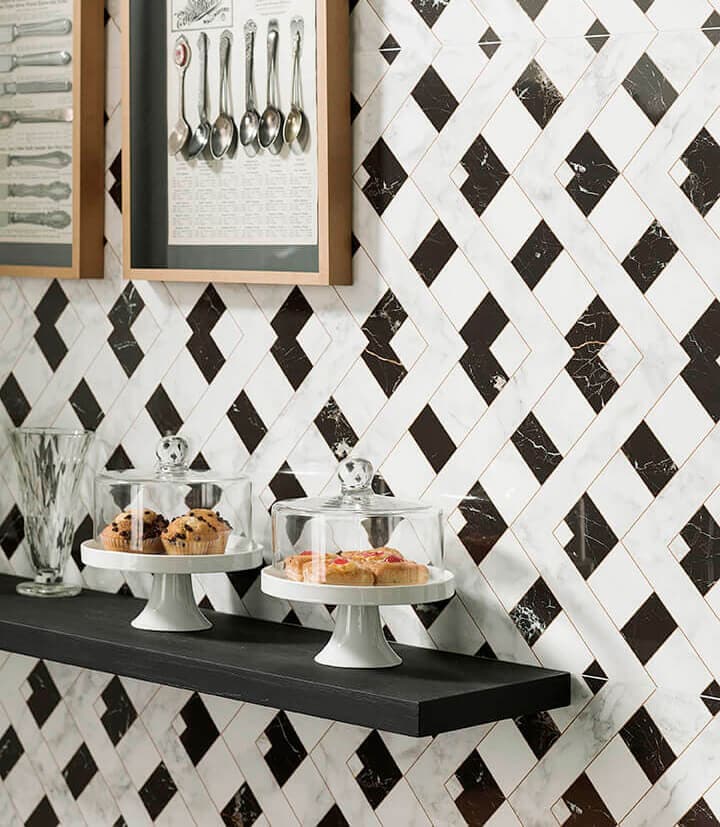 Shelving Area with white and black Patterned Tiles