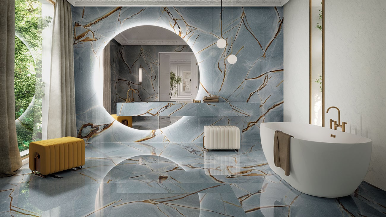 Bathroom decorated yellow with XTONE® Blue Roma Polished floor and wall tiles.