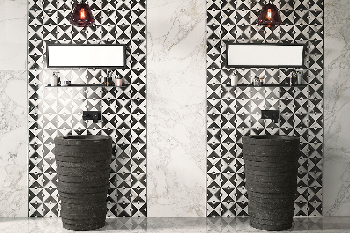 bathroom with black and white patterned wall tiles