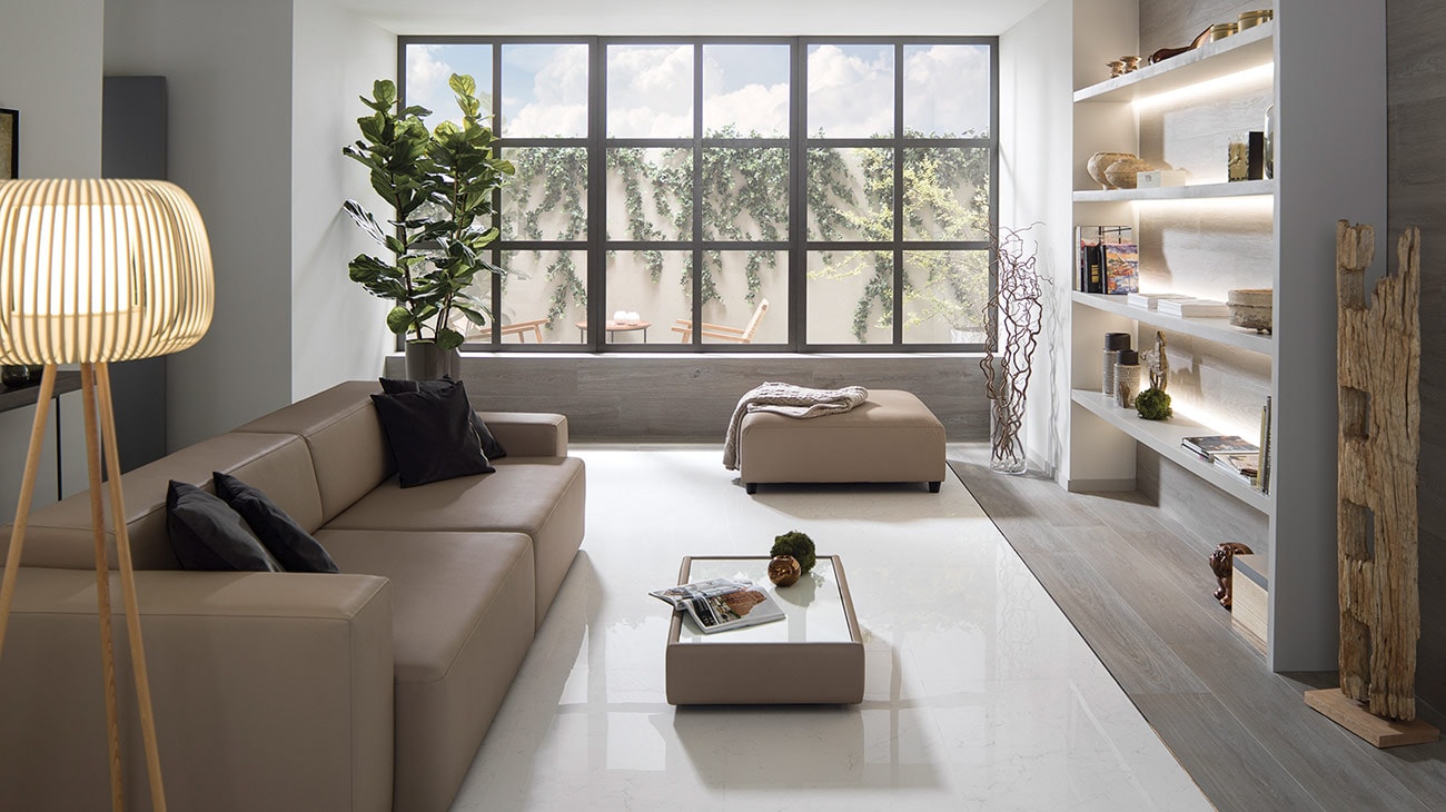 Bianco Pulido Floor Tiles and Tanzania Silver Floor Tiles by Porcelanosa