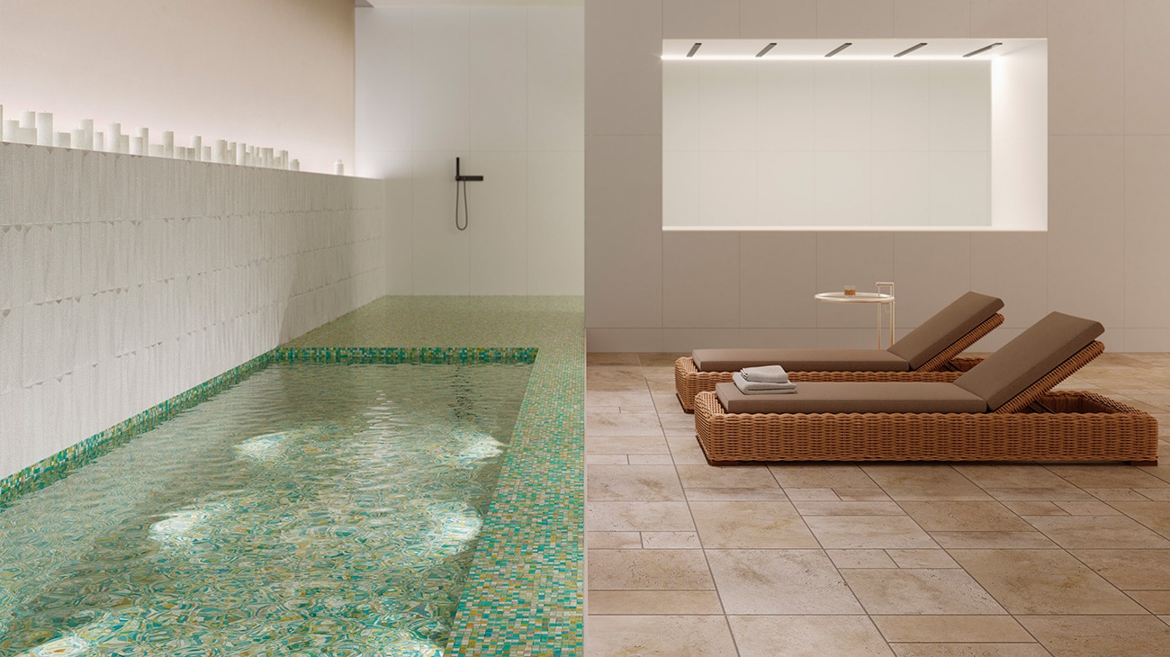 Water Mountain Lake Excellence mosaic and Toscano Anticato flooring, by L'Antic Colonial.