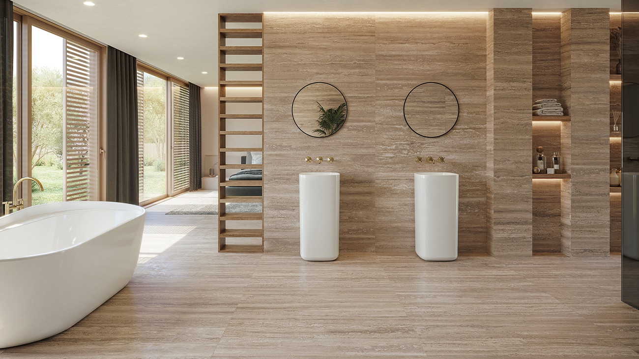 Bathroom with Roma Noce wall and floor tiles by Porcelanosa.