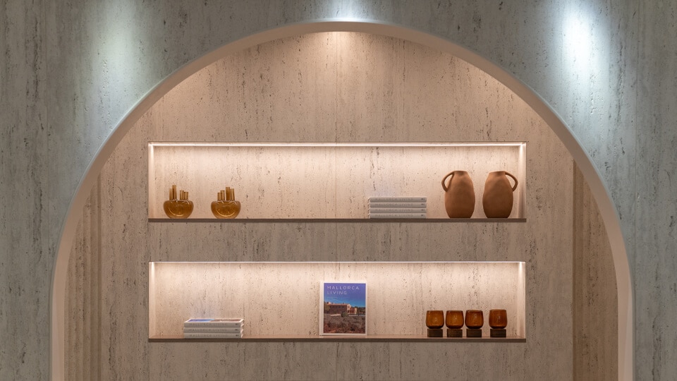Ambiente con Undora® Travertino Albino Romano, de Krion.