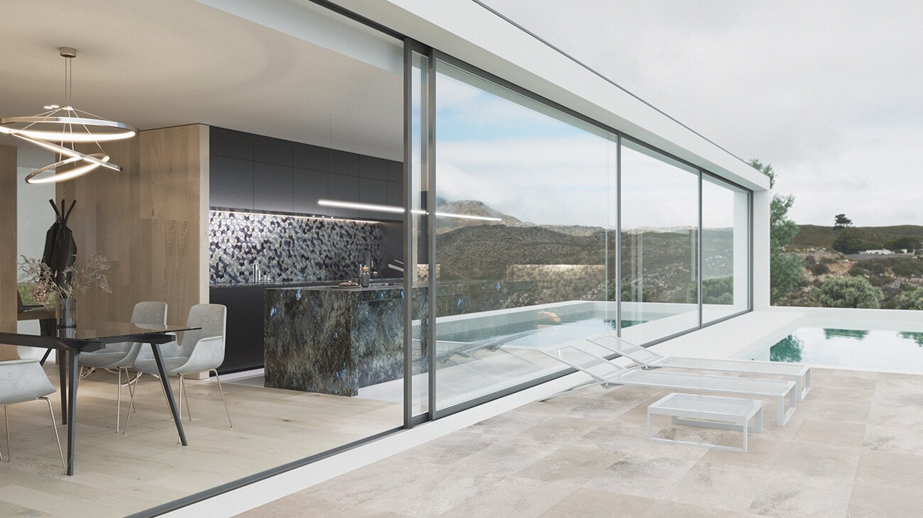 Terrace with Moka Anticato travertine floor and Parque Nature 1L Grey interior flooring by L'Antic Colonial.