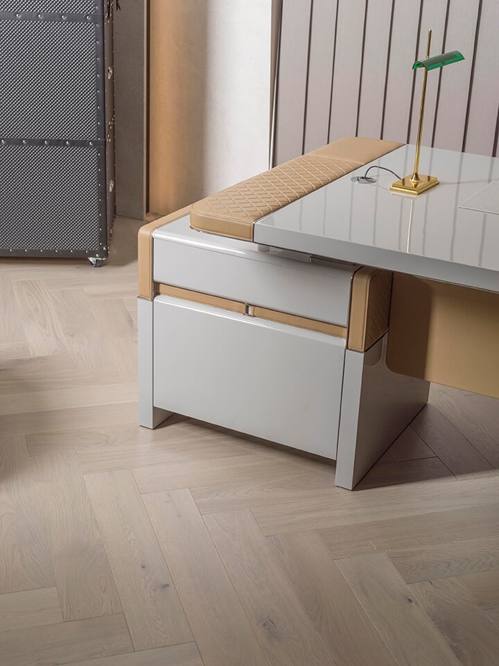 Beige desk and wooden floor