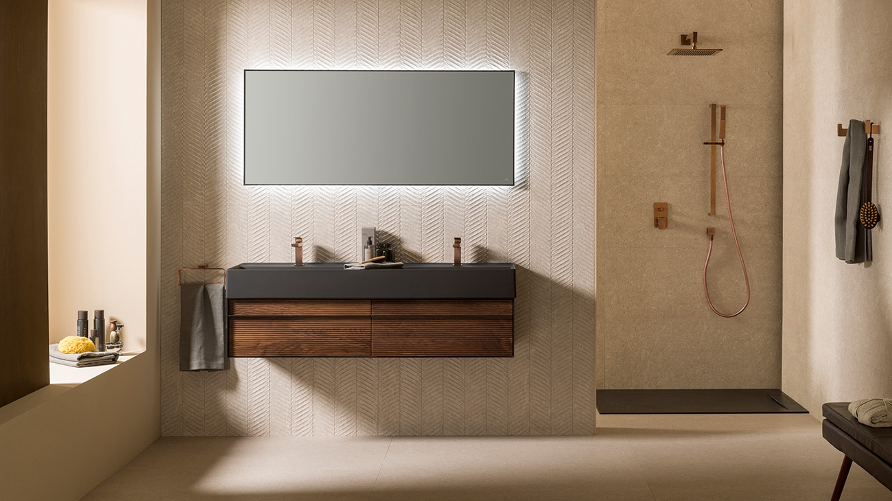 Mueble de baño con lavabo de piedra imitacion madera