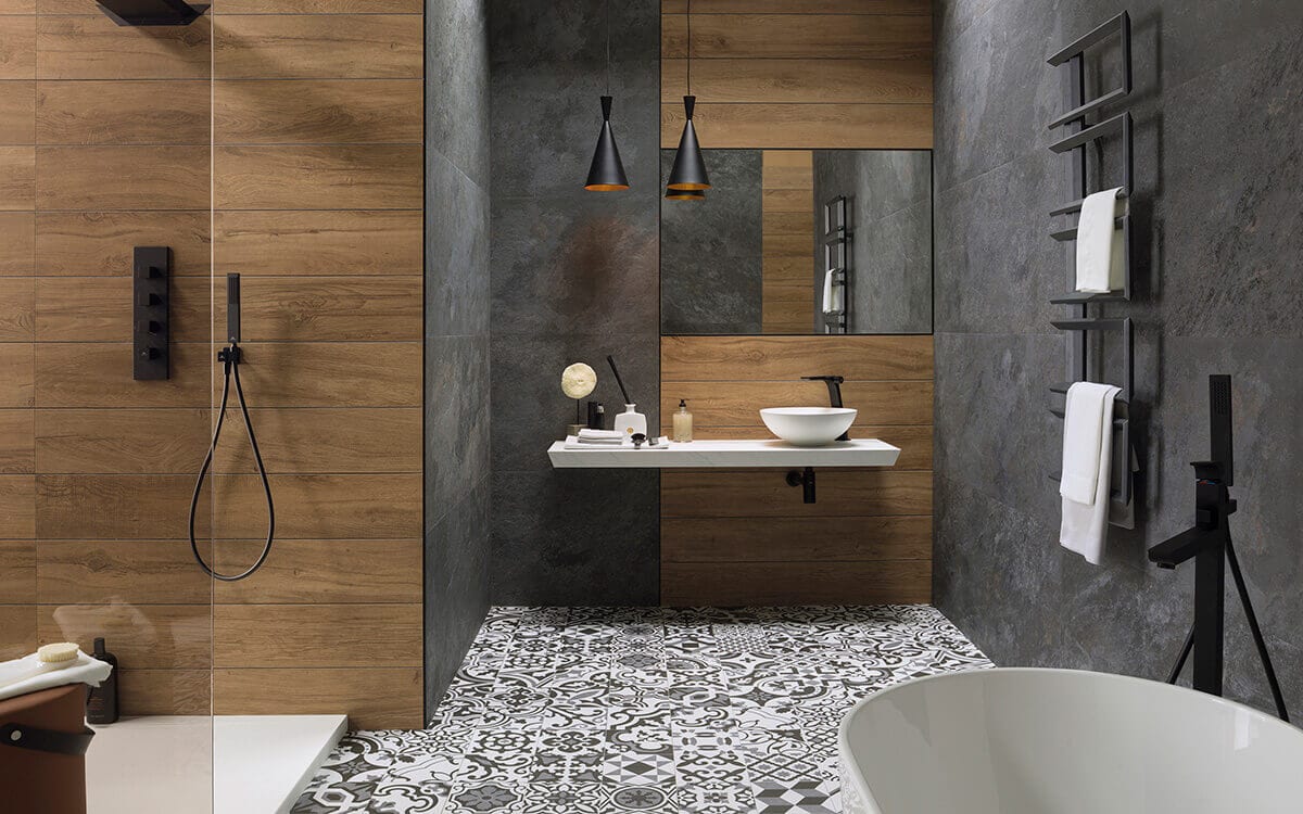 Bathroom with black and white patterned floor tiles