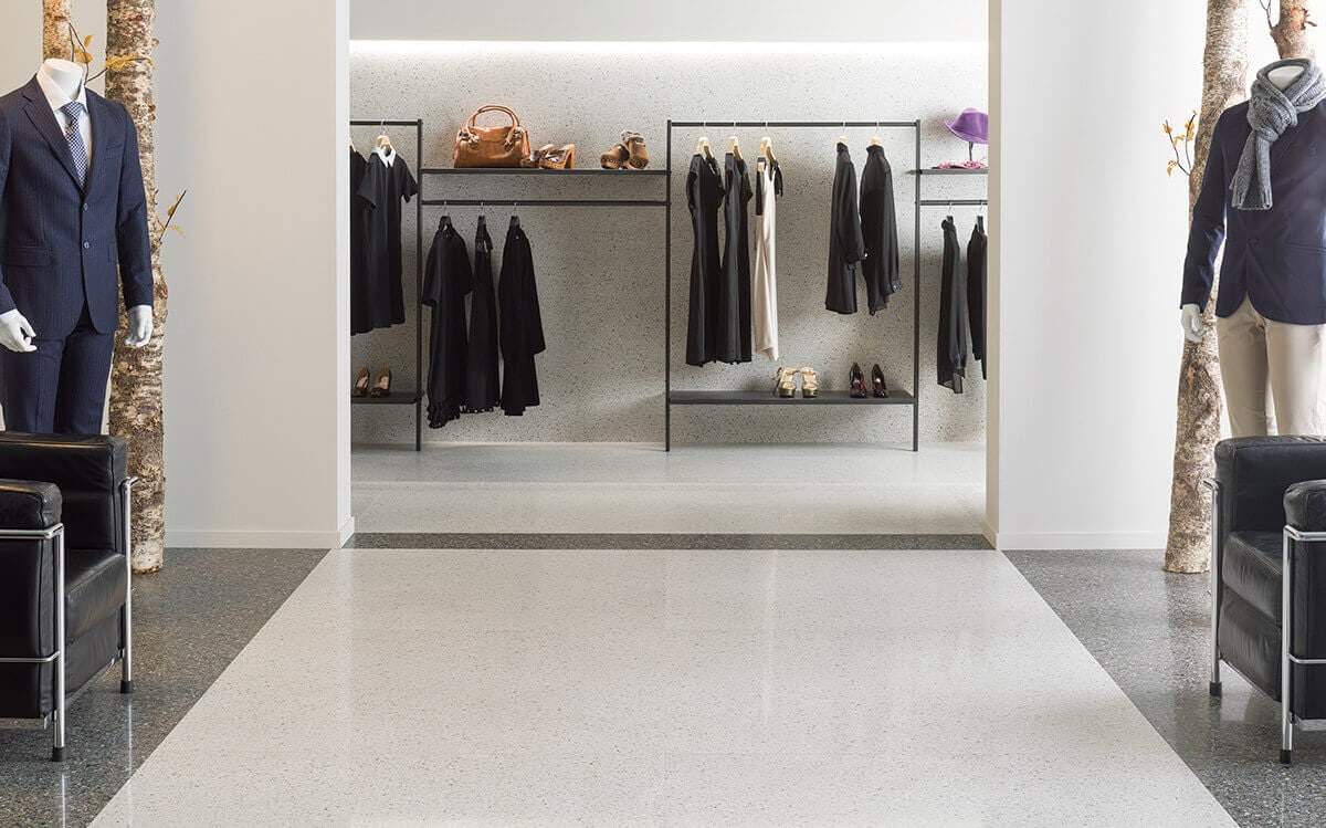 Fashion showroom with black and white tiled floor