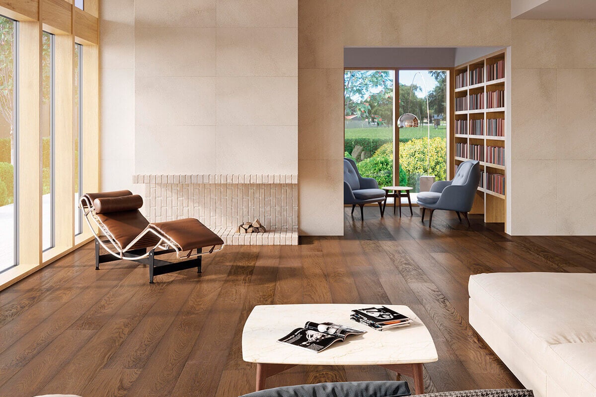 Living room with book shelving and reading area