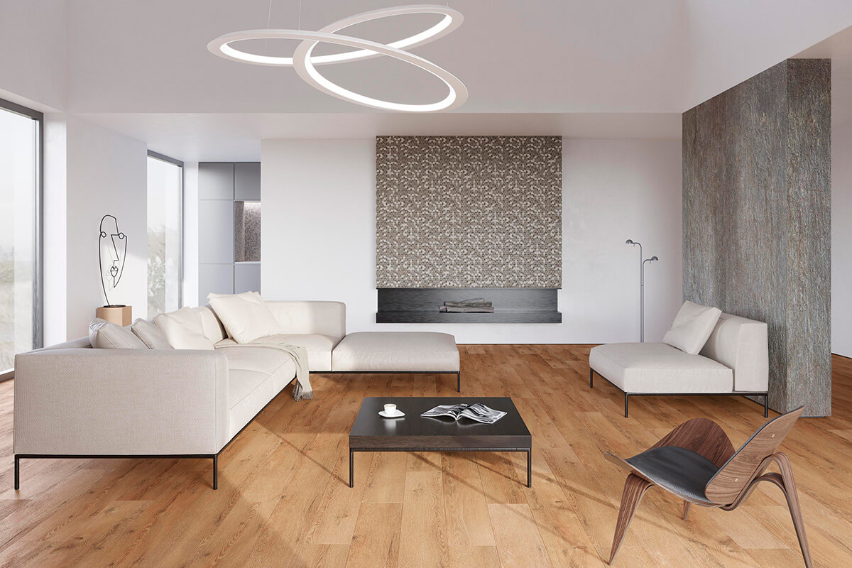Minimalist living room with wood floor