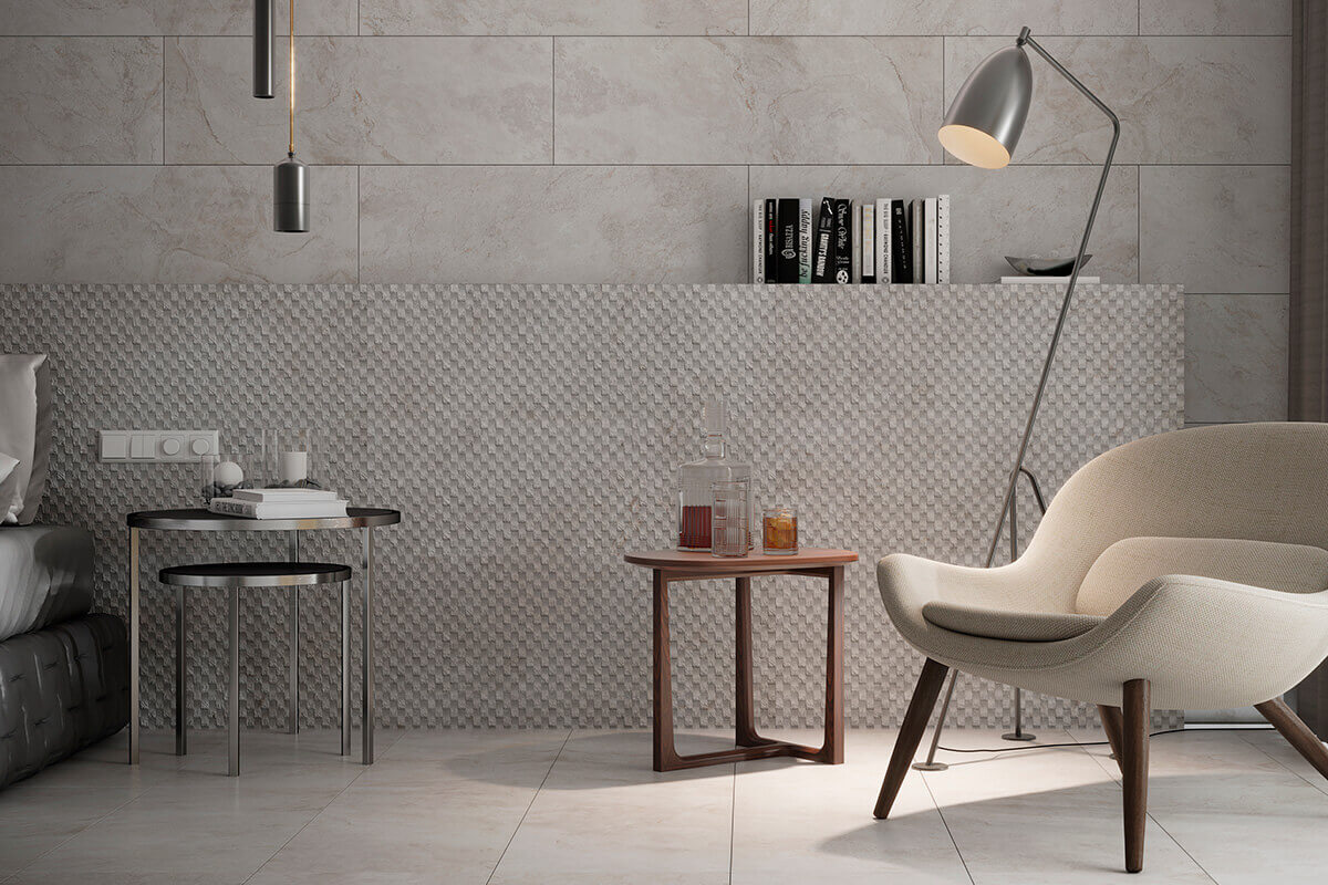 Bedroom reading corner with stone effect tiles