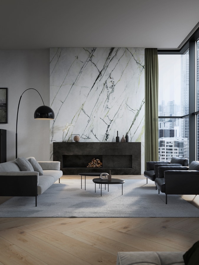 Room scheme with XTONE® Calacatta Green and Oxide Grey.