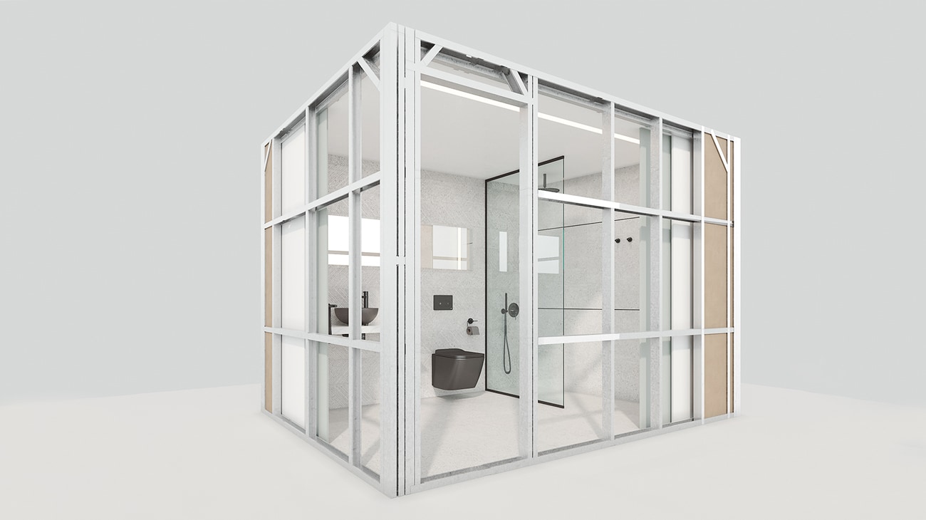 Prefabricated bathroom proposal by Porcelanosa Offsite.