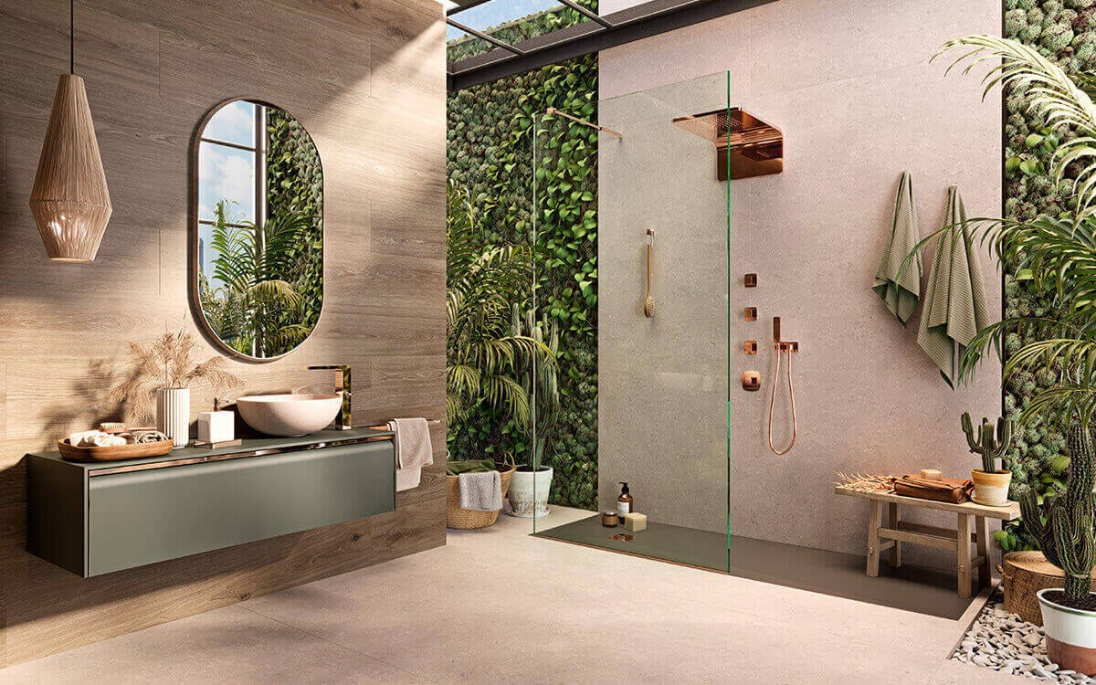 Biophilic bathroom with a vertical garden by Porcelanosa