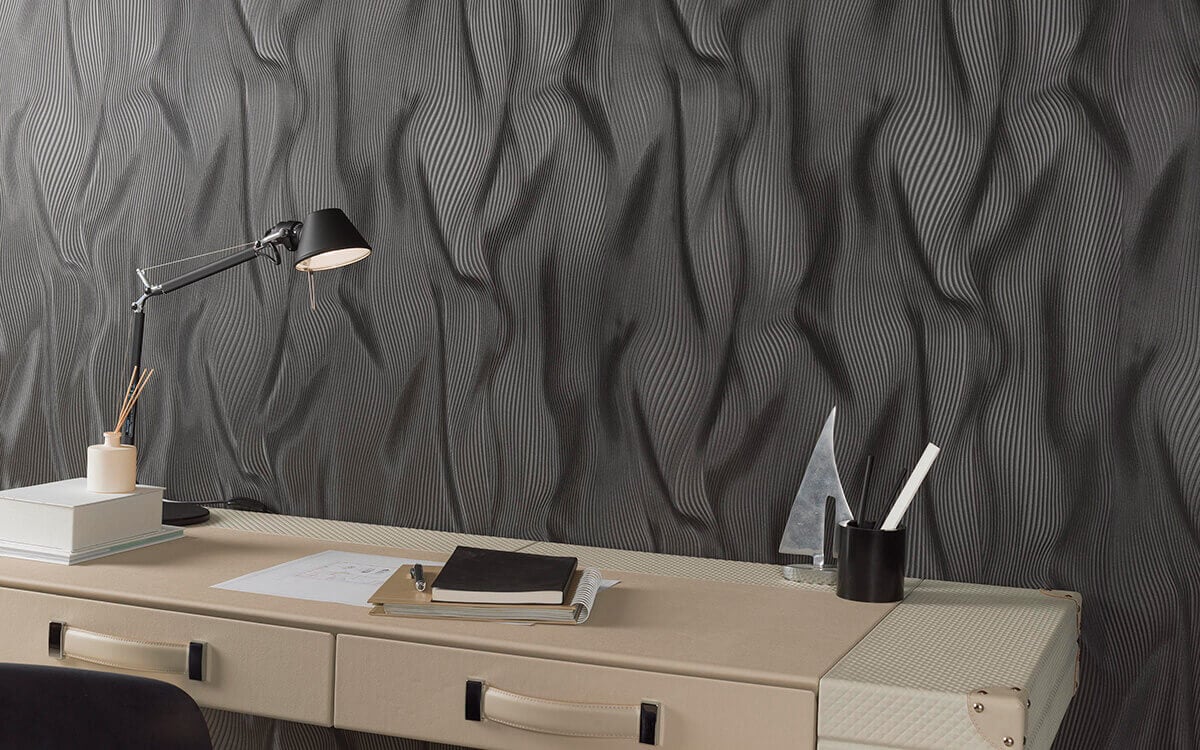 Home office with textured wallpaper