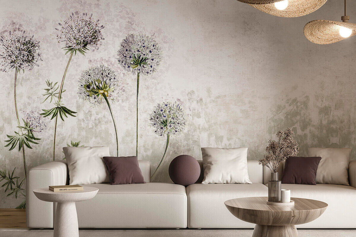 Living room with a wallpaper mural