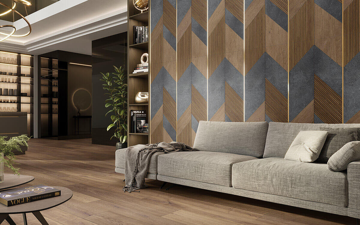 2024 living room trends: wood effect floor tiles and wall panels by Porcelanosa