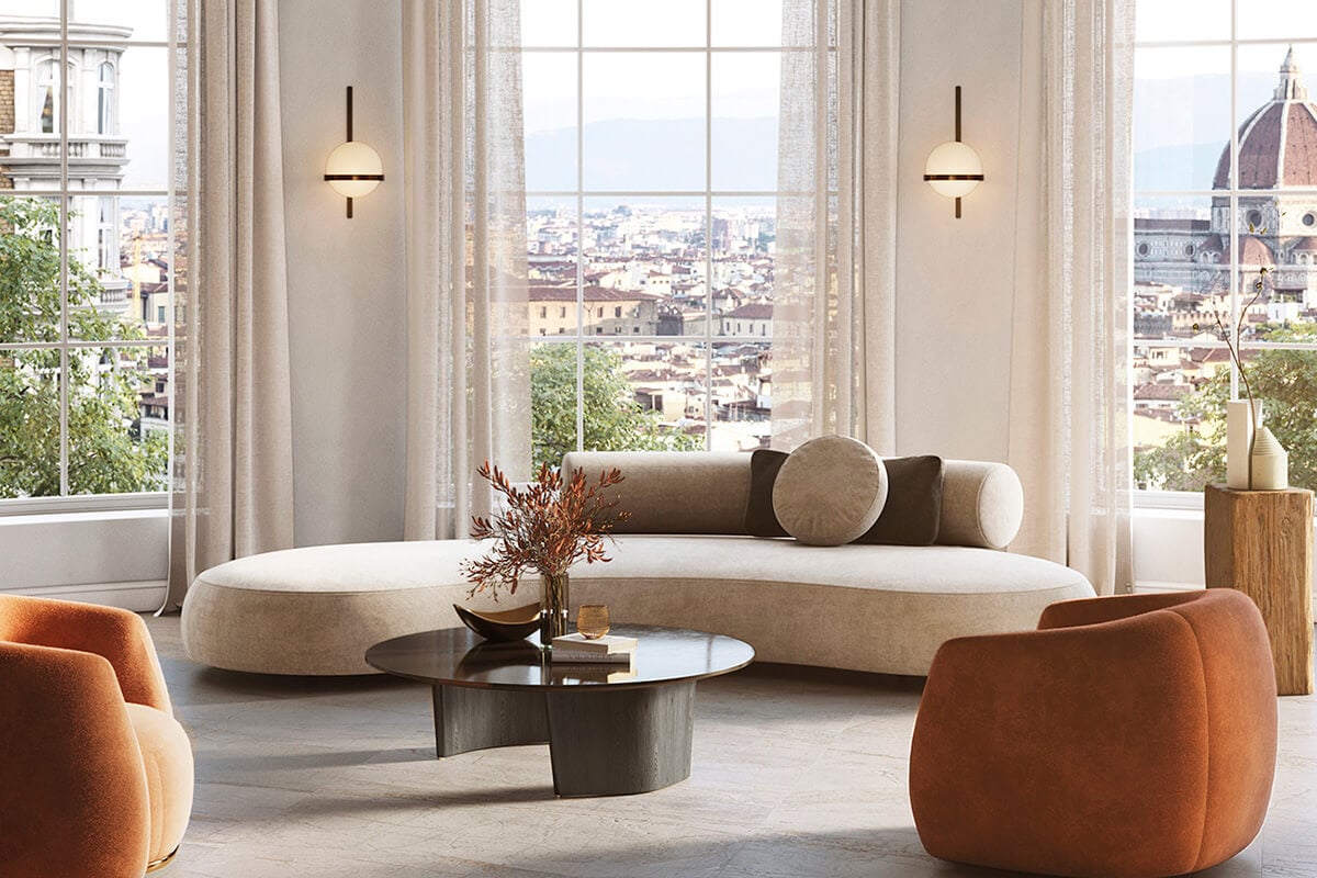 Вітальня в кремових тонах і червоних акцентних аксесуарах Porcelanosa