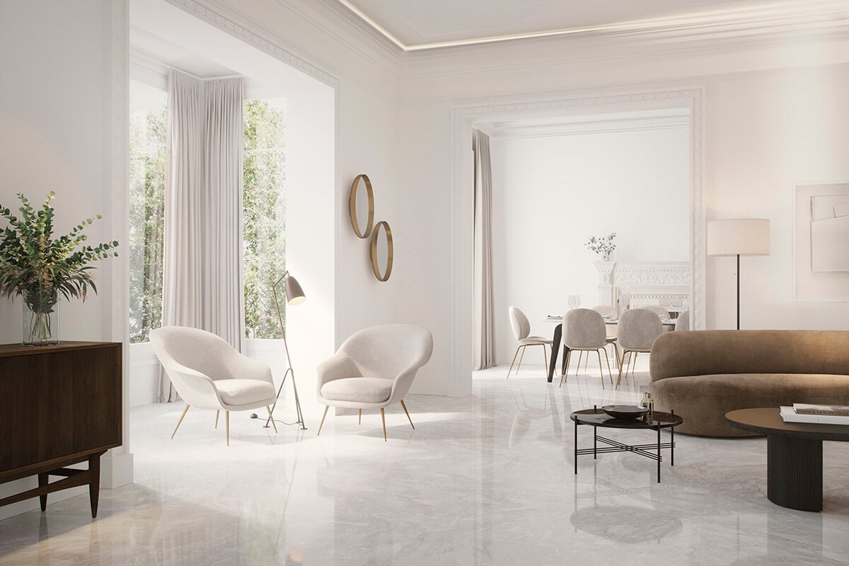 Біла вітальня від Porcelanosa